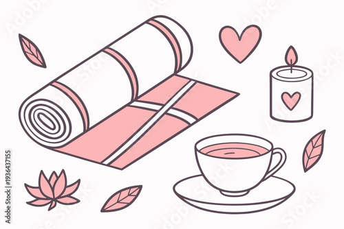 A serene spa setup with a yoga mat and tea