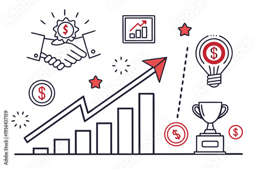 A graph with an upward trend and various business related icons around it