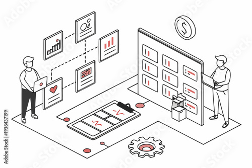 Two people are working on a project with charts and graphs
