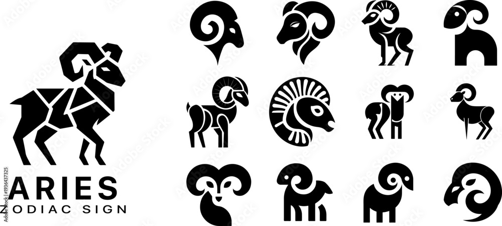 Fototapeta premium Aries zodiac sign creative icons set, geometric and organic ram silhouettes for astrology design