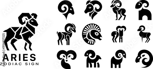 Aries zodiac sign creative icons set, geometric and organic ram silhouettes for astrology design