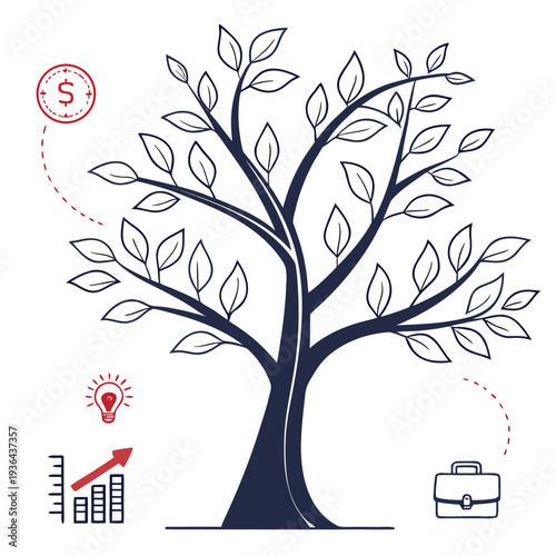 A tree with a dollar sign and business icons around it