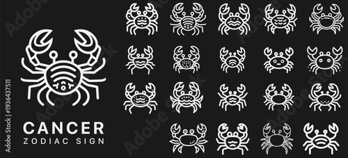 Cancer zodiac sign line art icons set, minimalist cancer astrology symbols with modern outline