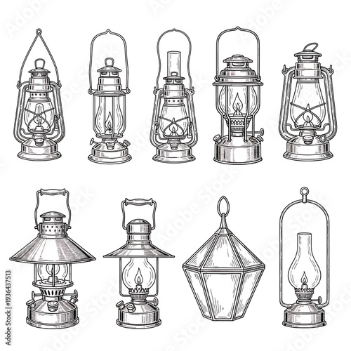 Lanterns oil vintage hand drawn set with various designs including hanging and portable styles, perfect for decorative purposes.