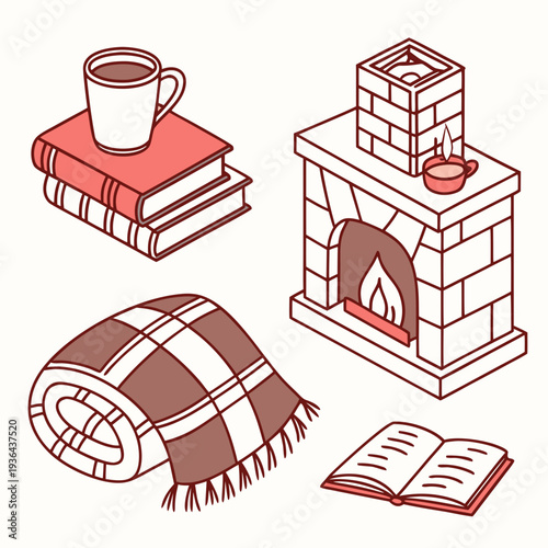 Cozy reading nook with fireplace and warm blanket