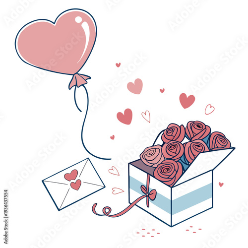 A heart shaped balloon tied to a box of roses and a love letter