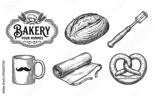 Vintage Men's Bakery Logo and Bread Illustration Set