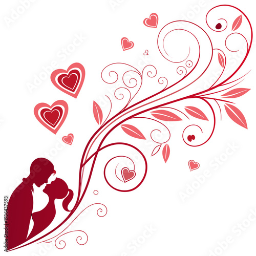 A couple shares a romantic moment surrounded by hearts