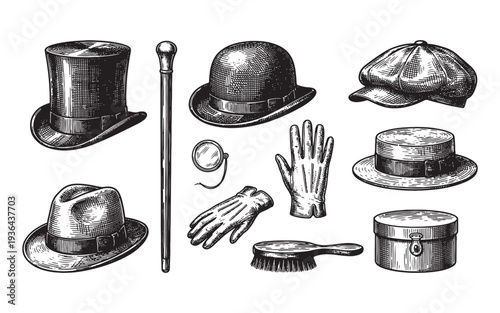 Antique Victorian Gentlemen Fashion Accessories and Hats Set