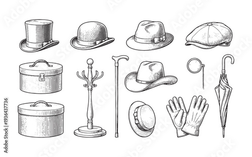 Antique Victorian Gentlemen Fashion Accessories and Hats Set