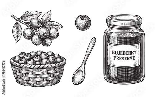 Fresh Blueberries in Basket and Homemade Blueberry Jam Jar