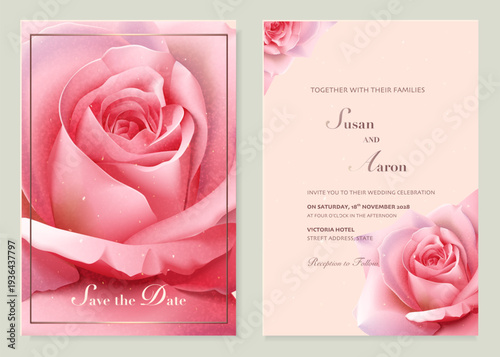 Elegant wedding invitation card set featuring soft blooming pink rose and delicate typography. Perfect for save the date, modern weddings invites, celebration design or printable floral templates.
