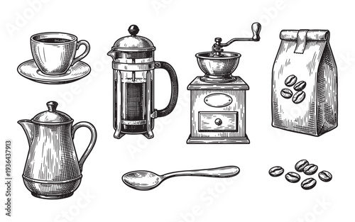 Vintage Coffee Brewing Set with Coffee Pot Grinder and Beans