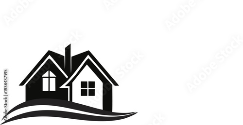 Two stylized houses with a chimney and windows representing real estate or home ownership isolated on a clean white background