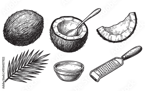 Fresh Coconut Illustration Set with Grater Oil Bowl and Leaf