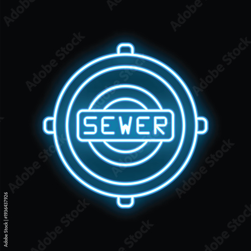 Glowing neon line sewer manhole icon isolated on black background for your design, concept of sewage