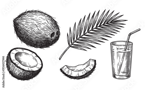 Fresh Coconut Illustration Set with Grater Oil Bowl and Leaf