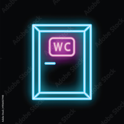 Bright glowing wc sign with blue frame and pink wc letters, indicating public toilet location