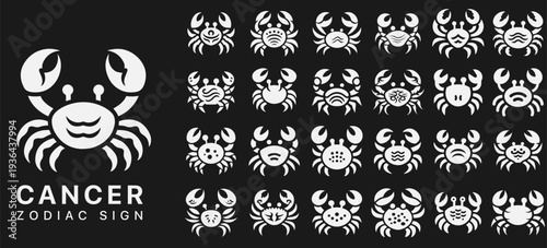 Cancer zodiac sign decorative silhouette icons, elegant crab astrology symbols with fluid shapes