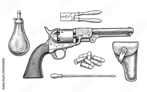 Antique western revolver with holster bullets gunpowder flask and tools sketch