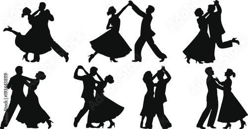 Ballroom dance couple silhouette set elegant dancing partners waltz tango poses black vector illustration isolated on white background collection