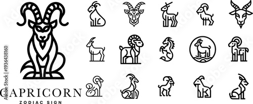 Capricorn zodiac sign line art icons set, minimalist sea-goat astrology symbols with modern outline