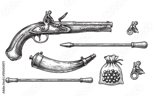 flintlock pistol with gunpowder horn and musket ball accessories sketch