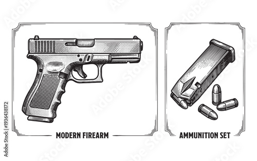 Modern semi-automatic pistol with magazine silencer and tactical flashlight illustration