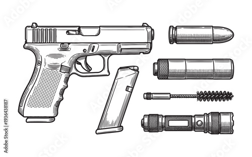 Modern semi-automatic pistol with magazine silencer and tactical flashlight illustration