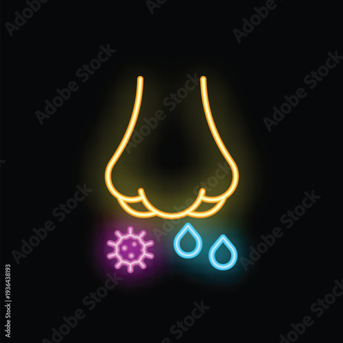 Neon sign representing a nose drooling with virus and water drops, illustrating the concept of contamination