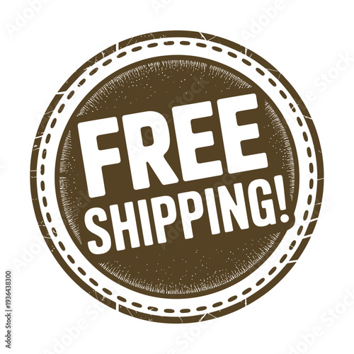 A distressed brown circular stamp proclaiming free shipping in bold letters