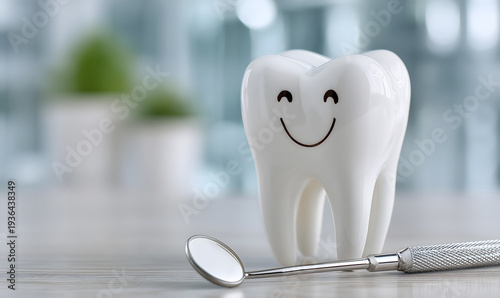 White tooth model with dental tool on clinic background, generative AI