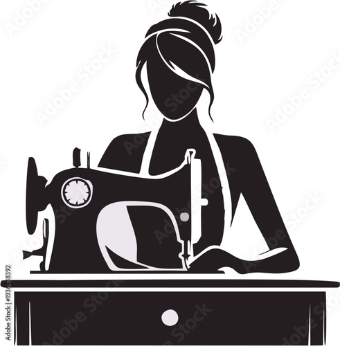 Silhouette of a woman sewing with a vintage sewing machine representing tailoring and craftsmanship ideal for fashion or craft business logos