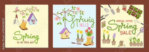 Spring garden vector illustration set. Seasonal banners with birdhouse, tulips, daffodils, seedlings, and garden tools. Perfect for spring sale, greeting cards, and floral backgrounds.