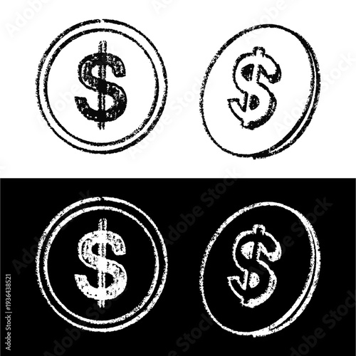Set editable chalk drawing coin vector for economy lessons. Ideal for symbolizing school finance studies, vintage wealth, and chalkboard cash drops.
