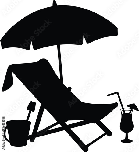 Beach lounge chair umbrella cocktail summer vacation relaxation silhouette black vector illustration seaside holiday concept isolated on white background