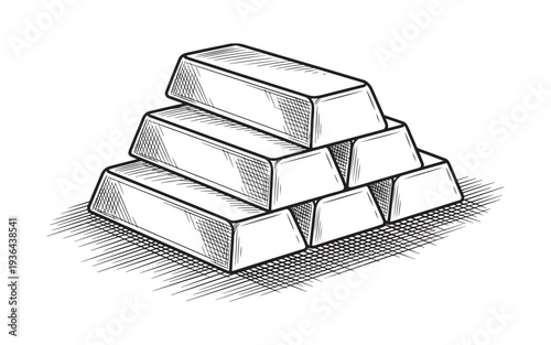 Stack of fine gold bullion bars in pyramid shape engraving vector illustration