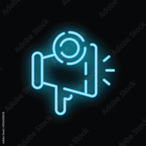 Neon blue megaphone icon is shining, representing concepts like digital marketing and online advertising