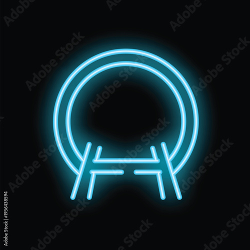 Bright glowing blue neon round wedding arch with stand on black background sign for wedding agency decoration design