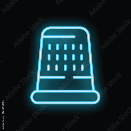 Blue neon icon of a thimble glowing on a black background