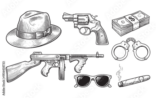Gangster tools, money and cuffs engraving vector illustration