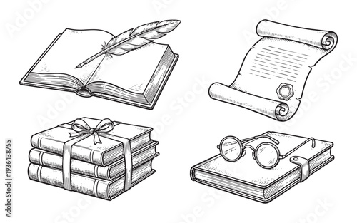 Scroll, quill, books and glasses engraving vector illustration