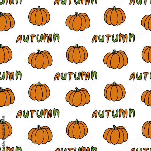 Seamless pattern with autumn doodle pumpkin on white background.eps