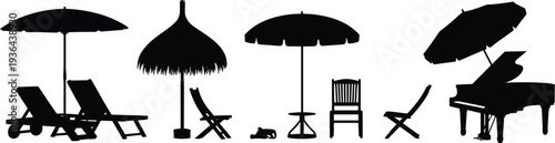 Beach umbrella chair and piano silhouette set outdoor furniture and summer vacation objects black vector illustration isolated on white background