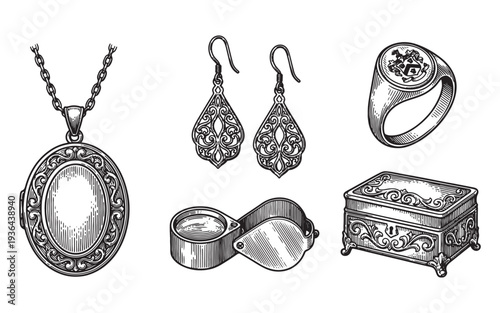 Jewelry set, locket, earrings, ring, box engraving vector illustration