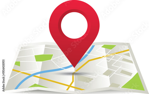 Folded location map with marker. City map with pin pointer. GPS navigation map with city street roads. Vector illustration