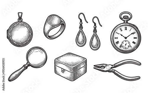 Jewelry set, locket, earrings, ring, box engraving vector illustration