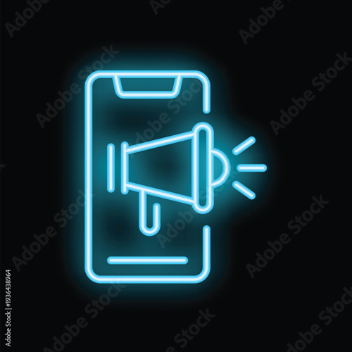 Neon icon of a smartphone with a megaphone coming out of it, representing mobile marketing and advertising