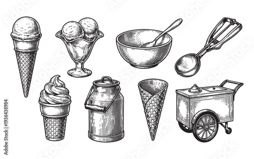 Vintage Engraved Collection of Ice Cream Cone, Sundae Dish, Scoop, and Manual Maker