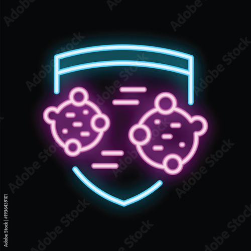 Neon shield protecting from fast spreading virus cells with their nucleus, a symbol of antivirus immunity